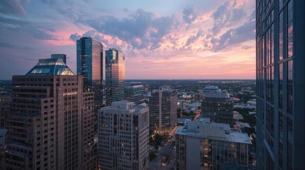 Aerial View of a City Skyline at Sunset Featuring Contemporary Architecture and a Colorful Sky photo