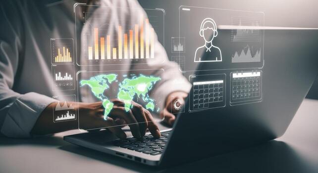 Data Visualization on Laptop Screen with User Interface and Global Map Overlay for Analytics photo