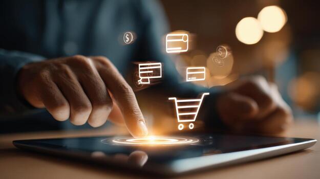 Online Shopping Experience Hands Using Tablet with Payment Icons, E-commerce Technology, Modern Retail photo