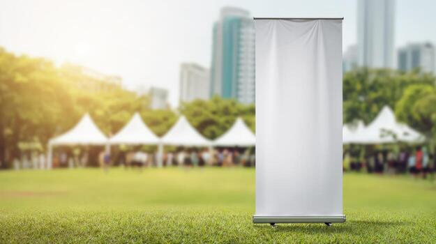 Blank Roll-Up Banner Stand Mockup Displayed Outdoors in a Park Setting with Greenery photo