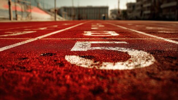 Running track perspective, focus on number five, symbolizing competition, achievement, and athletic performance outdoors photo