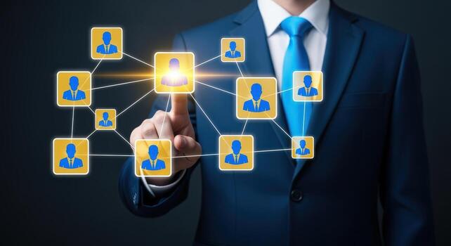 Businessman Connecting Virtual Team Members on Digital Network for Business Collaboration and Communication photo
