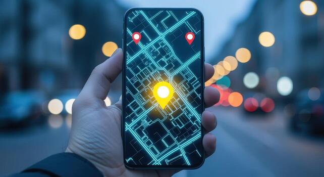 Smartphone Displaying City Map Navigation App with Pointers for Destination, Guiding Travelers in Urban Exploration photo