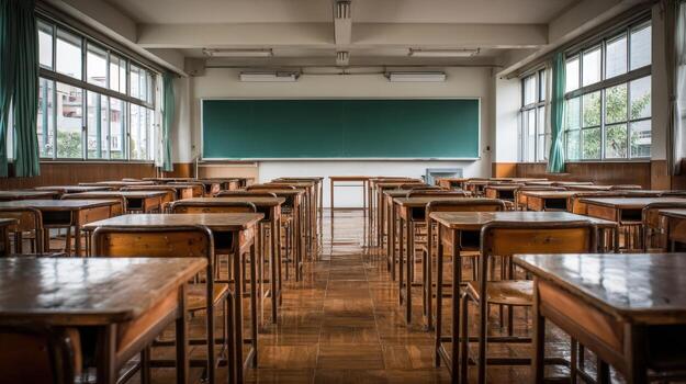 Empty Classroom with Wooden Desks and Chalkboard, Ready for Students, Education and Learning Environment photo