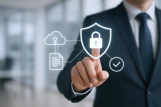 Data Protection Concept Man Activating Security System on Virtual Interface for Network Safety photo