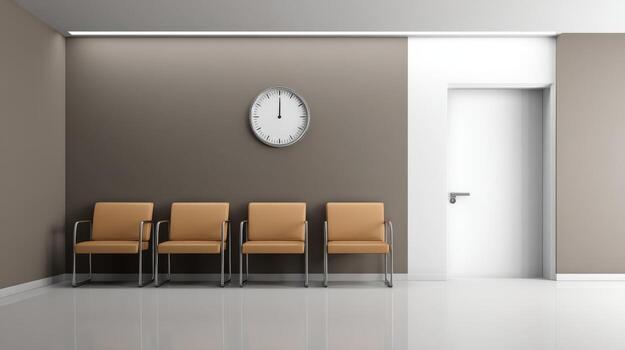 Modern Waiting Room with Chairs and Clock, Illustrating Time and Anticipation in Minimalist Design photo