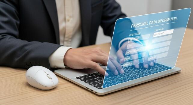 Businessman Entering Personal Data Information on a Laptop, Illustrating Online Security and Privacy photo