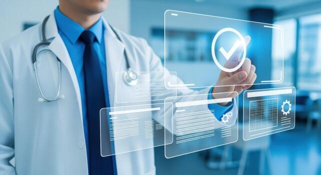 Doctor Interacting with Digital Interface, Healthcare Technology Concept Featuring Virtual Screen, Data Analysis, and Modern Medicine photo