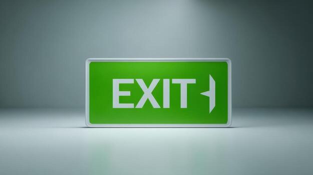 Illuminated Green Exit Sign with Arrow, Emergency Safety Evacuation Directional Indicator, Isolated on White Background photo