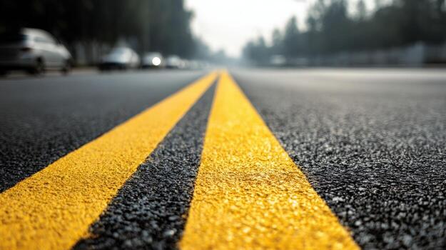 Asphalt Road Markings Guiding Motorists Through a Cityscape with Trees and Vehicles in Background photo