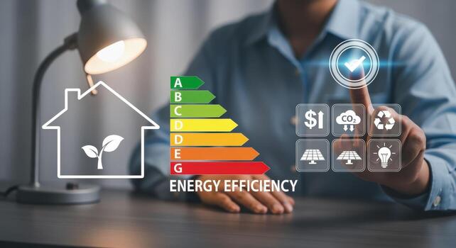 Energy Efficiency Concept Person Tapping Digital Interface to Improve Homes Energy Rating and Reduce Carbon Footprint photo