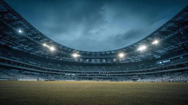 Grand Stadium View Night Game Under Moody Sky, Empty Green Field Awaiting the Thrill photo