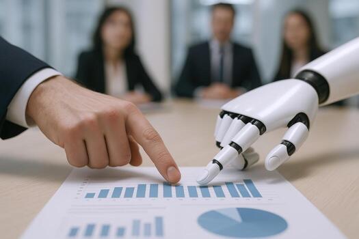 Human and Robot Collaboration Analyzing Business Data Together for Strategic Decision-Making in Modern Office photo