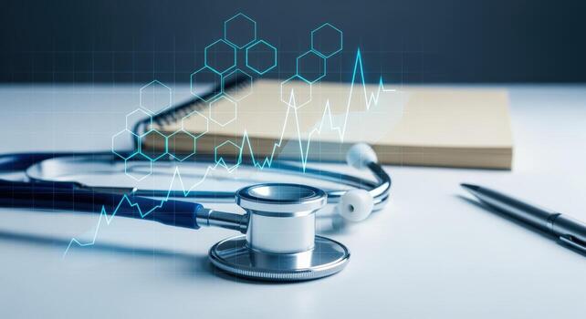 Medical Stethoscope and Notebook with Health Data Graphics Overlay on Desk for Healthcare Industry Professionals photo