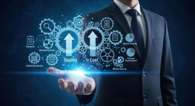 Professional Businessman Holding Technology Interface Representing Business Growth, Quality Improvement, and Cost Efficiency in a Modern Company photo