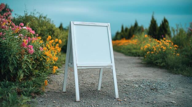 Blank White A-Frame Sign on Stone Path with Flowers for Custom Messaging and Marketing photo