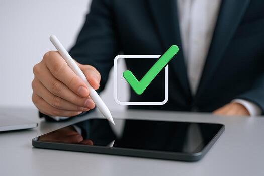 Digital Signature Concept Man Using Tablet and Stylus for Agreement Confirmation and Task Completion photo