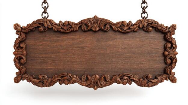 Ornate Wooden Sign Hanging from Chains, Isolated on White Background, Ready for Custom Text or Design photo