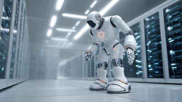 Advanced AI Robot in Server Room Futuristic Technology for Data Management and Automation photo