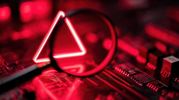 Cybersecurity Investigation Magnifying Glass Focusing on Red Triangle Symbol on Circuit Board, Indicating Vulnerability and Threat Detection photo