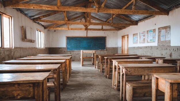 Empty Classroom with Wooden Desks and Blackboard, Illustrating Education and Learning Concepts photo