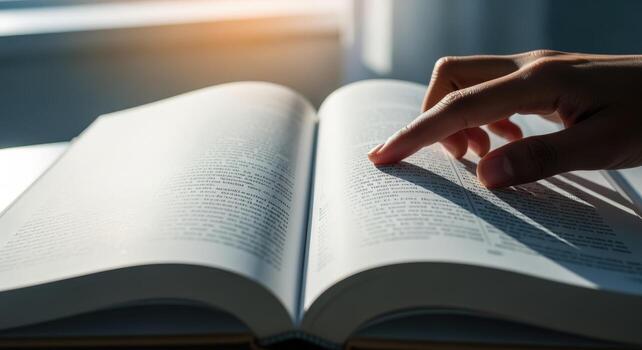 Close-up of Open Book with Finger Following Text for Educational or Business Purposes photo