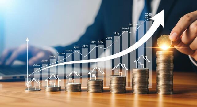 Real Estate Investment Growth Rising Property Values and Financial Success, Conceptual Image with Coins and Increasing Graph photo