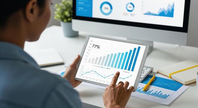 Businesswoman Analyzing Data on Tablet Display with Financial Charts and Growth Statistics for Strategic Planning photo