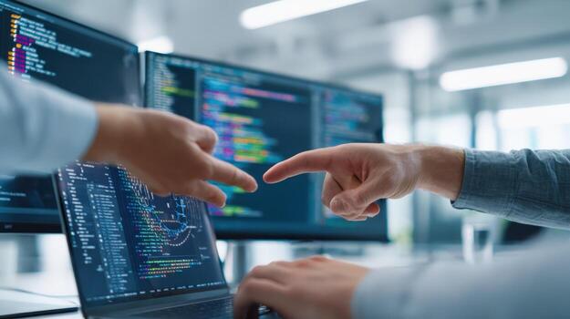 Software Developers Collaborating on Code Review, Analyzing and Debugging Application on Multiple Computer Screens photo