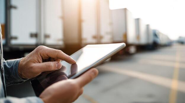 Logistics Professional Using Tablet for Fleet Management and Trucking Operations in Distribution Center photo