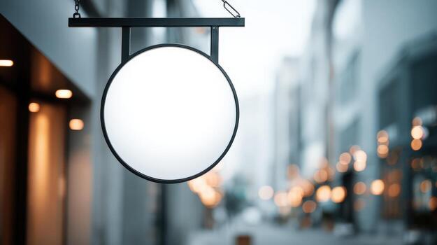 Blank White Round Signboard Mockup Hanging on Building Facade for Custom Branding and Advertising photo
