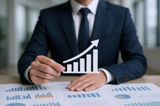 Business Man Holding Growth Chart, Financial Data and Statistics Reports Analysis for Finance and Investment Success photo
