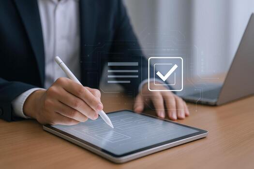 Businessman Completing Digital Checklist on Tablet with Stylus Efficiency, Approval, and Modern Technology photo