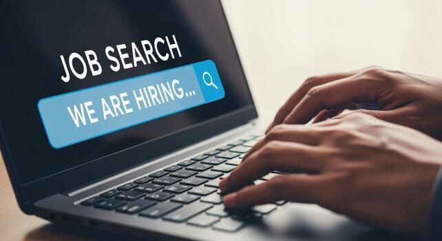 Job Search Online Hands on Laptop, Typing, with Hiring Message on Screen photo