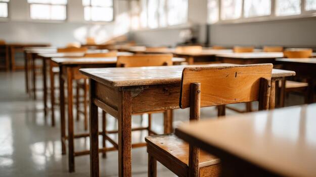 Classroom Interior with Empty Wooden Desks and Chairs Ready for Students Learning photo
