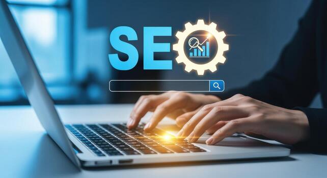 SEO Optimization Strategy on Laptop Hands Typing for Digital Marketing and Online Business Growth photo