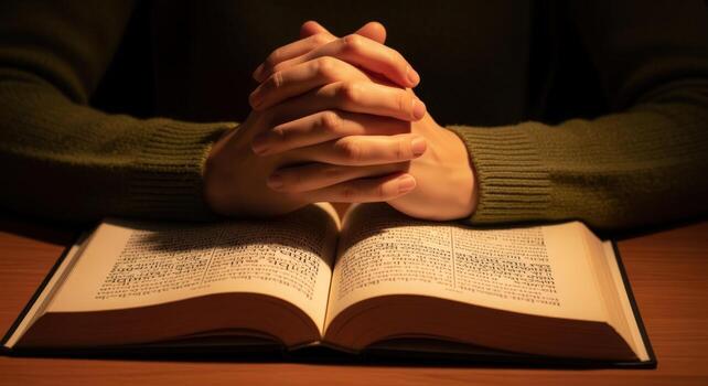 Hands Clasped in Prayer over Open Book Seeking Guidance, Hope, and Spiritual Connection photo