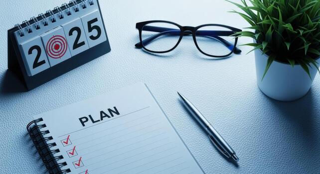 Planning Goals for 2025 Desk with Calendar, Notepad, Pen and Eyeglasses for Business Strategy photo