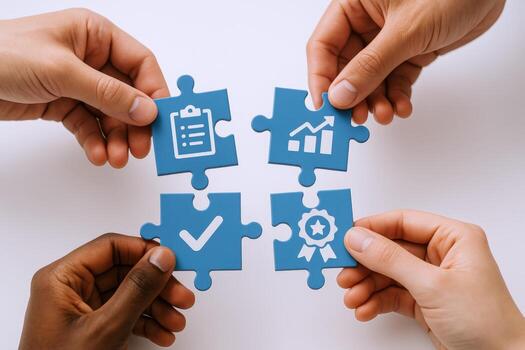 Business Collaboration Concept Diverse Hands Connecting Jigsaw Pieces with Icons of Growth, Approval, and Checklist photo