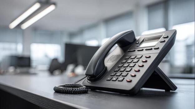 negro ip teléfono dispositivo en un escritorio en un oficina configuración, negocio comunicación tecnología foto