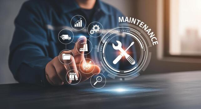 digital mantenimiento concepto hombre interactuando con virtual interfaz para instalaciones administración y mejoramiento foto