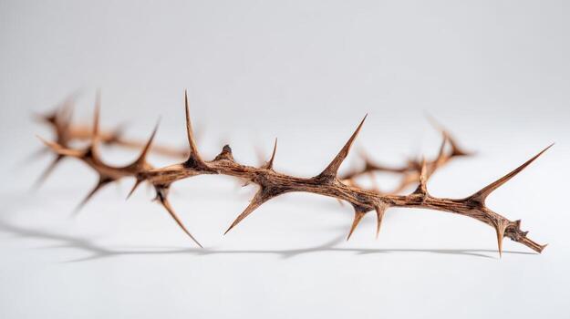 Thorn crown with sharp pricks, isolated on white backdrop, symbolizing sacrifice, suffering and religion photo