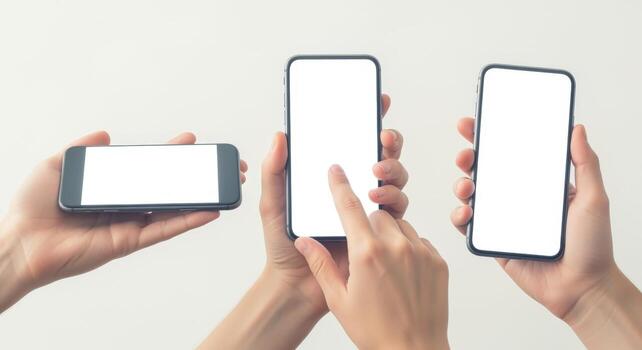 Hands Holding Smartphones with Blank White Screens for App or Website Mockups and UIUX Demonstrations photo