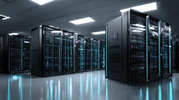 Data Center with Rows of Server Racks and Blue Lights Illustrating Global Network Technology photo