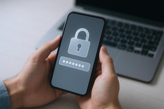 Mobile Security Concept Person Holding Smartphone with Lock Icon and Password Entry Over Laptop Keyboard photo