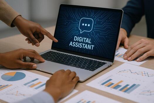 Business meeting with digital assistant on laptop, showcasing technology and data analysis for strategic planning photo