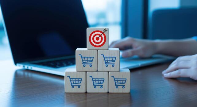 Targeted Online Shopping Concept Stacked Blocks Featuring Shopping Carts and a Bullseye Target near Laptop photo
