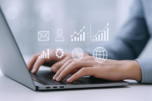 Business Professional Analyzing Data on Laptop with Digital Interface, Enhancing Strategy and Performance photo