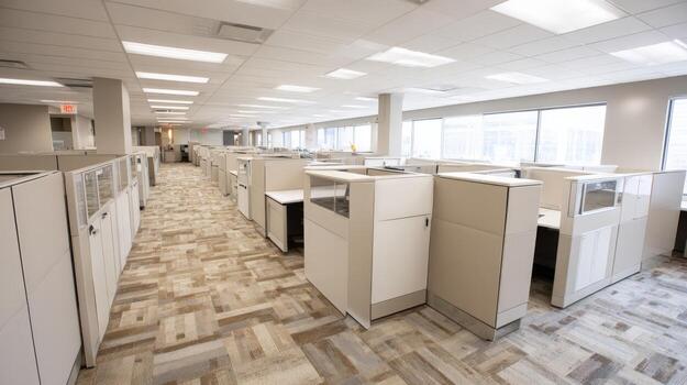 Modern Office Space with Rows of Cubicles, Carpeted Floor, and Natural Light from Windows photo