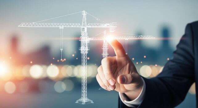 Digital Construction Blueprint Businessman Interacting with a Futuristic Crane Hologram for Engineering Projects photo